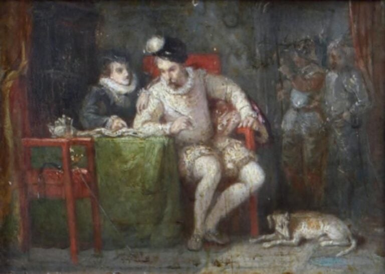 «Charles IX signant l'ordre du massacre de la Saint Barthélemy» Huile sur carton 13,5 x 21 cm