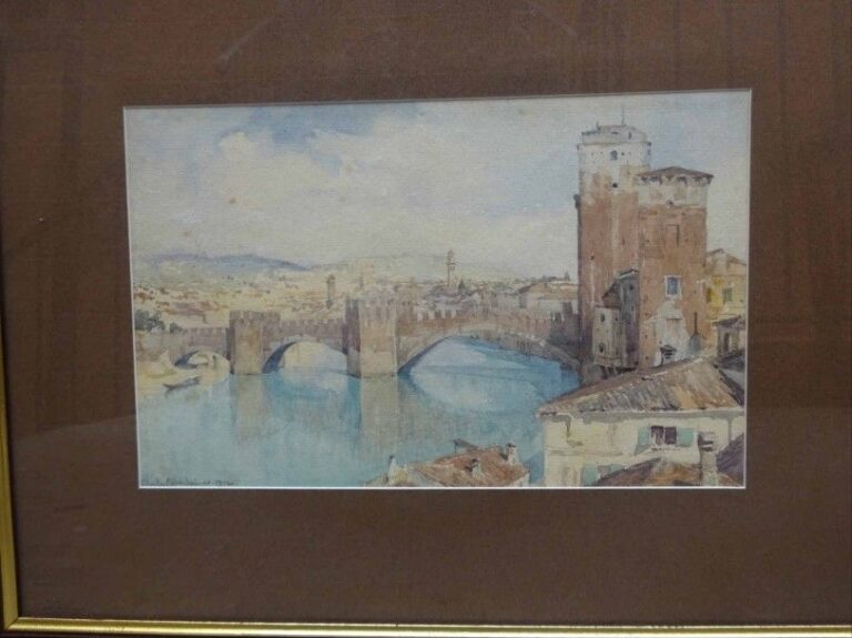 Charles OPPENHEIMER (1875-1961) Le Ponte Pietra à Venise Aquarelle et rehauts de gouache blanche sur papier Signée et datée en bas à gauche: 1912 17 x 26,5 cm (rousseurs)