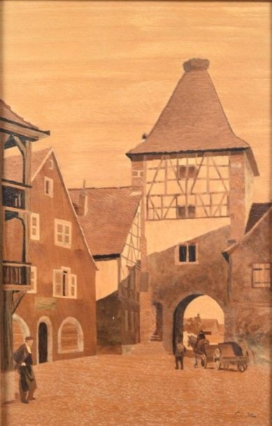 Charrette sous un porche avec trois personnages à Turckheim dans le Haut- Rhi
