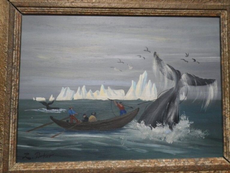 «Chasse à la baleine» Huile sur panneau signée en bas à gauche 23 x 32 cm