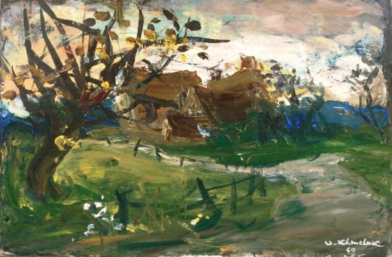 Chaumières dans un paysage tourmenté Huile sur toile, signée en bas à droite et datée 6