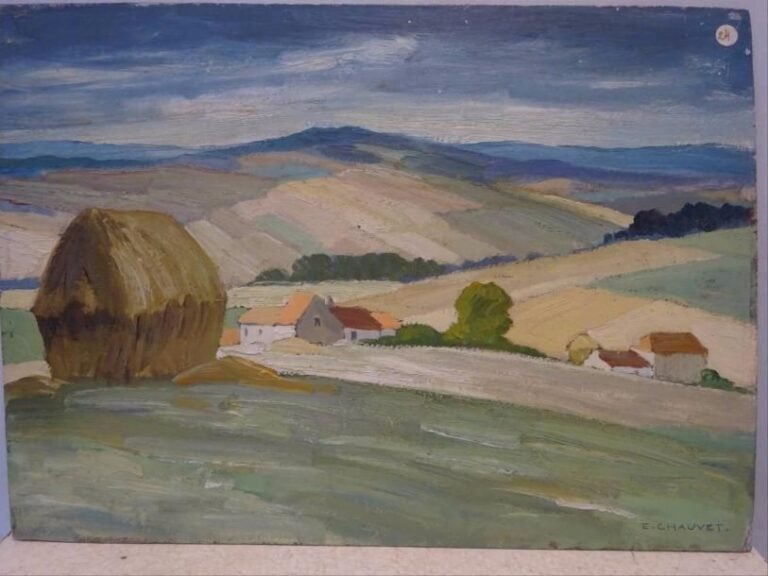 CHAUVET (Actif milieu du XXe siècle) Paysage à la meule de foin Huile sur isore