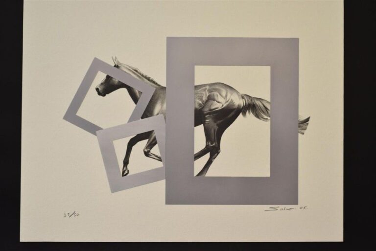 Cheval au galop aux rectangles, 2006 Lithographie et aluminium Justifiée en bas à gauche 35/50 Contresignée et datée en bas à droite 50 x 65 cm