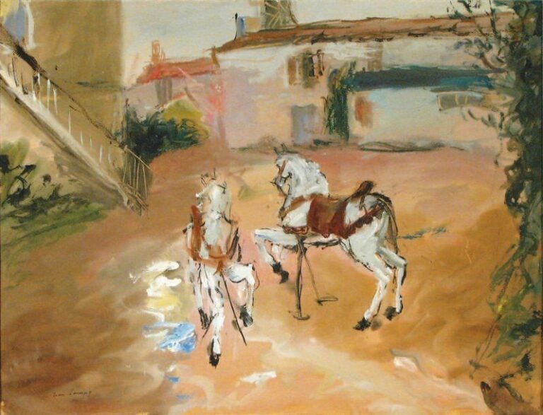 CHEVAUX DE MANÈGE À DOUERA, ENVIRONS D'ALGER Gouache, signée en bas à gauche 49 x 63 cm