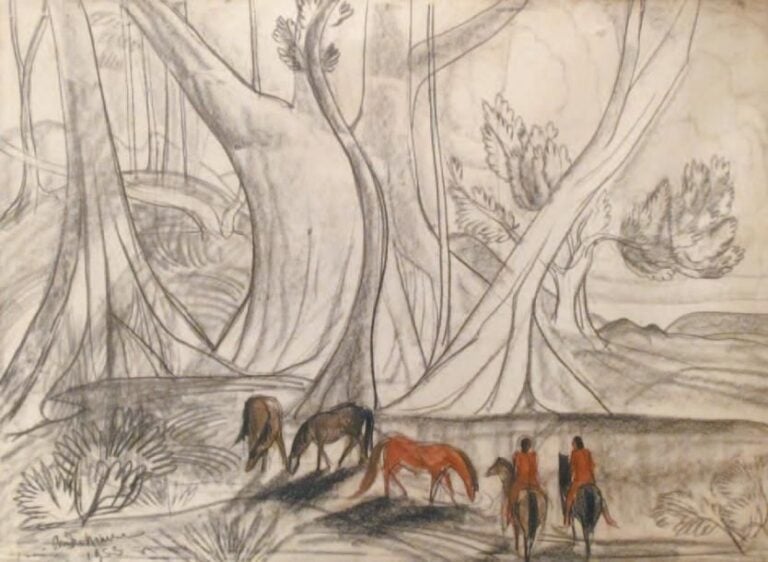 Chevaux et cavaliers Pierre noire et sanguine, signée et datée 1953 en bas à gauche 65 x 50 c