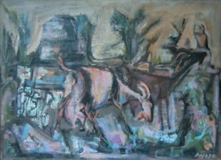 Chèvre dans un paysage Huile sur toile, signée en bas à droite 51 x 70 cm