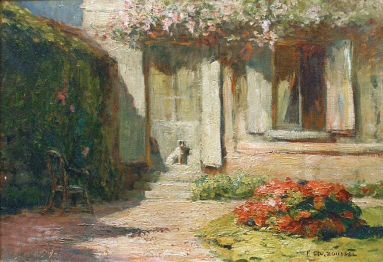 CHIEN DANS UN JARDIN FLEURI Huile sur toile, signée en bas à droite 38 x 54 cm