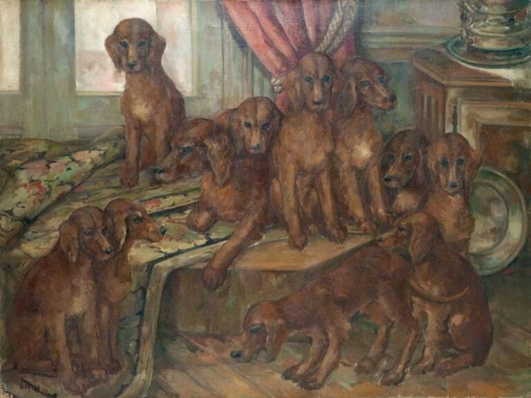 Chiens de chasse dans un intérieur, 1939 Huile sur toile, signée et datée 97 x 130,5 cm