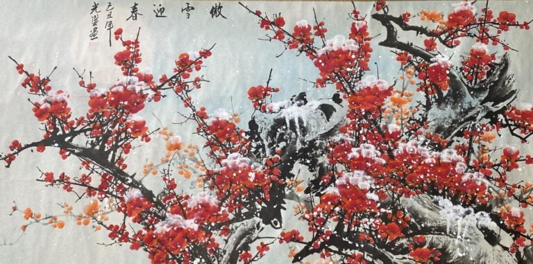 Chine, moderne - Ensemble de trois rouleaux représentant des arbres fleuris sou…