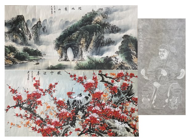 Chine, moderne - Ensemble de trois rouleaux représentant des arbres fleuris sou…
