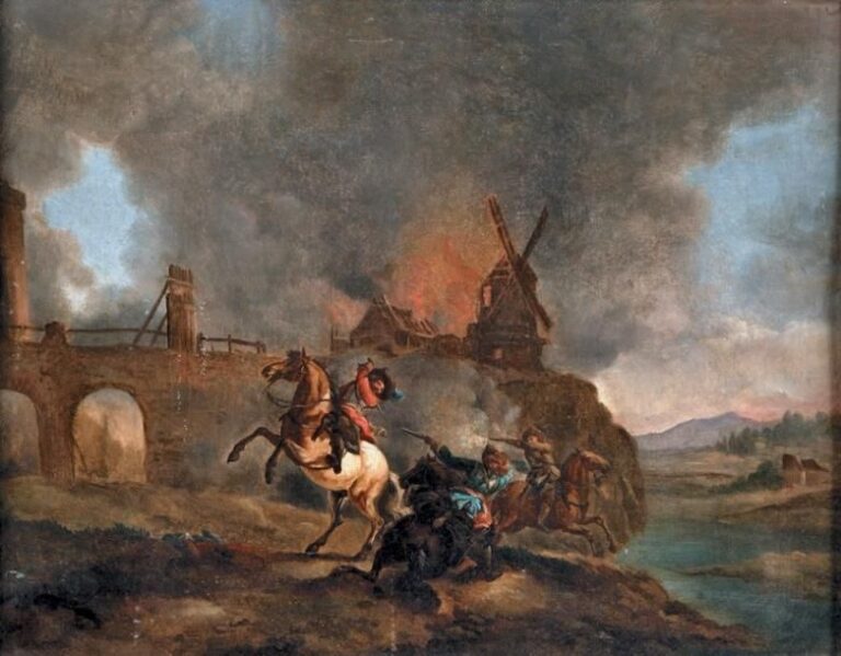 « Choc de cavalerie devant un moulin » Huile sur toile (usures et restaurations) 32,4 x 40,6 cm
