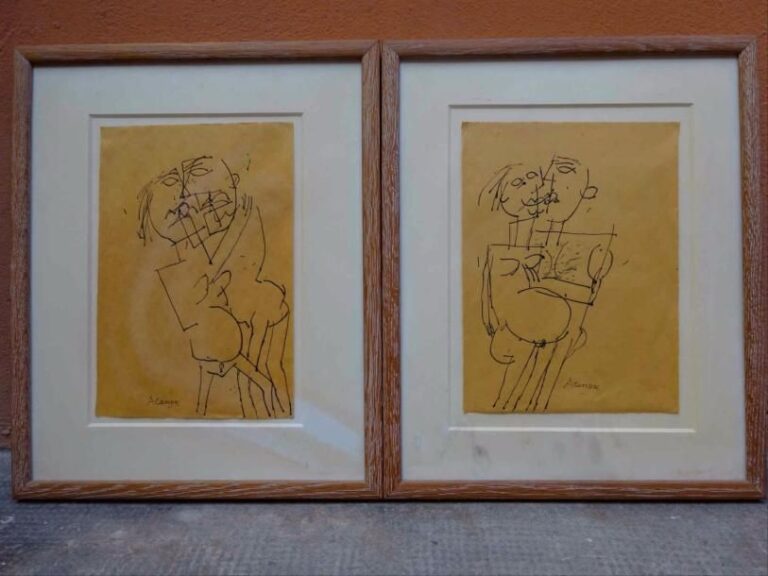 Christiane ALANORE (1924-) Deux couples Suite de deux encres sur papier dans leur encadrement et sous verre, chaque Signées en bas au centre 28 x 20 cm (chaque)