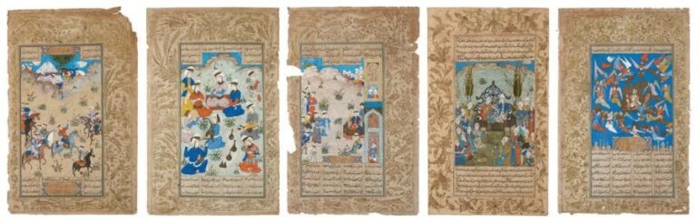 Cinq grandes pages de manuscrits persans avec des miniatures ajoutées Encre, pigments et or sur papier Iran, début du XXe siècle Page: 45 x 28,5; Miniature: 26,5 x 17,5 cm Page: 45 x 28,5; Miniature: 22,5 x 17,5 cm Page: 45,5 x 29; Miniature: 21,5 x 17,5 cm Page: 45 x 29; Miniature: 26,5 x 18 cm Page: 37 x 21,5; Miniature: 19 x 14 cm