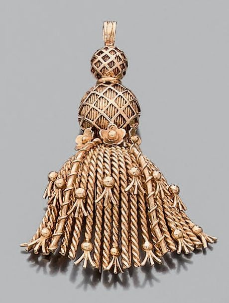 CLIP DE CORSAGE - PENDENTIF «pompon» en or jaune (750 millièmes) torsadé, boulé et godronn