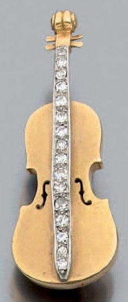 CLIP DE CORSAGE «Violoncelle» en platine et or jaune ajouré et sculpté, rehaussé d'un alignement de diamants taille 8/