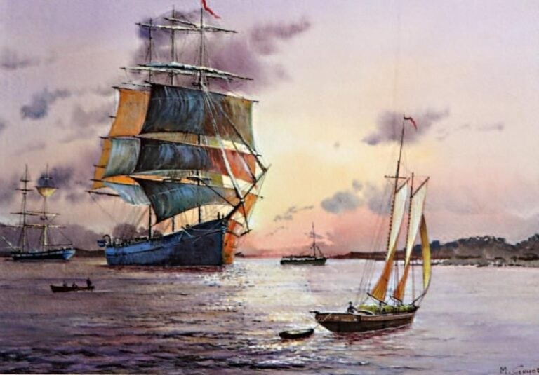 « Clipper au crépuscule » Aquarelle gouachée sur papier, signée en bas à droit