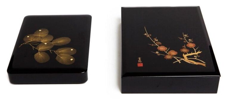 Cofret pour pierre à encre laqué noire à décor de motifs de feuilles en laque maki-e doré