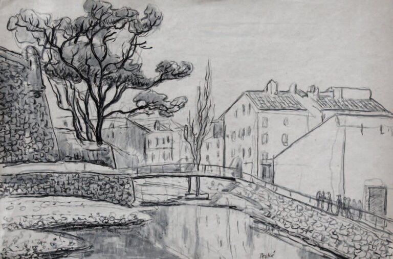 Collioure - la rivière (1940) Fusain, encre et lavis Signée en bas au milieu 36 x 53,5 cm