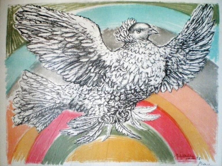 Colombe à l'arc en ciel, 1952 Lithographie en couleurs signée et datée dans la planche Contresignée à la main 50 x 65 cm Ré