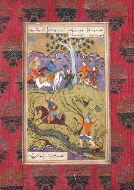 Combat de Barzu avec les Touraniens Sur cette illustration Barzu, le fils impétueux du paladin Rostam, monté sur un cheval dont l'on a tranché la queue, livre combat à un ennemi touranien sous le regard étonné d'Afrasyab, le roi de Touran, représenté en haut à gauche coiffé d'une couronne à panach