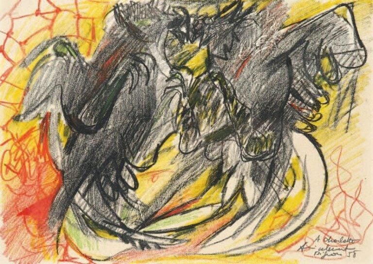 Combat de coqs Fusain et pastel, signé en bas à droite Dédicacé et daté 58 26 x 36 cm