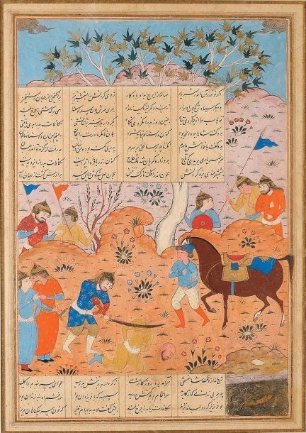 COMBAT ÉPIQUE Scène du Shah Nameh représentant un héros décapitant son adversaire, sous le regard de soldat