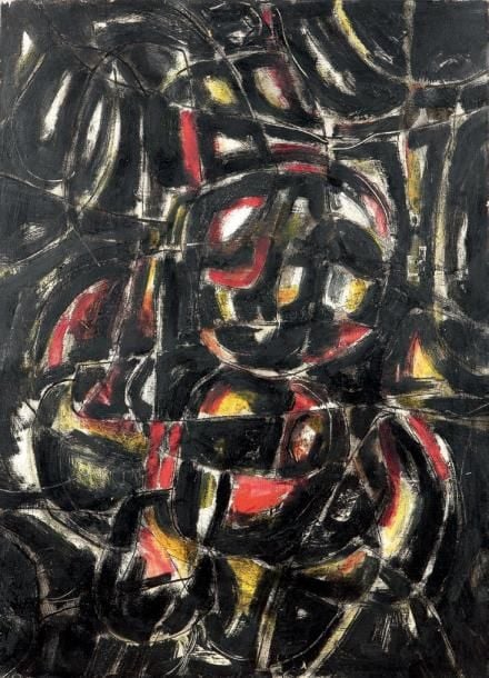 Composition, 1957 Huile sur papier marouflée sur toile, signée en haut à gauche et datée 57 73 x 100 cm