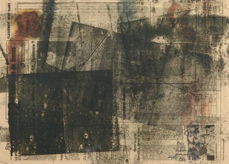 Composition, 1991 Encre et empreinte sur papier journal, dédicacée, signée et datée en bas à gauche À vue: 41 x 56 cm