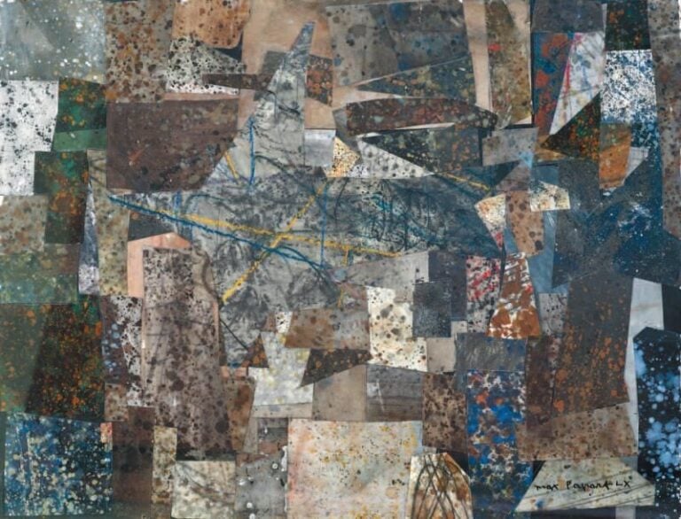 « Composition à l'oiseau » Collage et technique mixte, signé en bas à droite, daté 60 Contresigné et titré au dos 50 x 64 cm