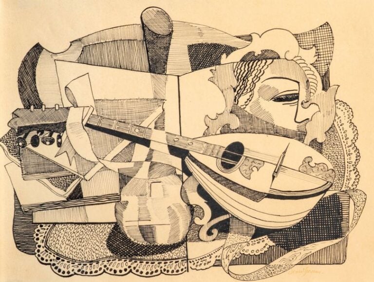 Composition à la mandoline, Encre sur papier à spirales, Signé en bas à droite
