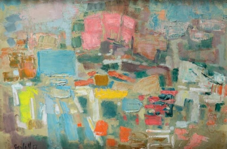 Composition abstraite, 1957 Huile sur toile, signée et datée en bas à gauche 50 x 73 cm Oil on canvas, signed, dated lower left