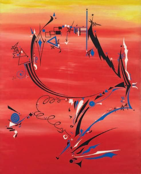Composition abstraite, 1990 Huile sur toile, signée en bas à droite, contresignée en cyrillique au dos et datée 100 x 80,5 cm