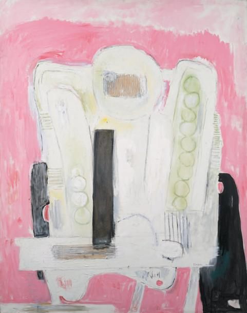 Composition abstraite, Le rose et le noir, 1977 Huile sur toile et collage, signé en bas à droite, daté au dos 1