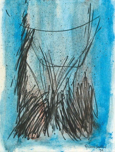 COMPOSITION ABSTRAITE SUR FOND BLEU Technique mixte sur papier marouflé sur panneau, Signée en bas à droite, datée 54 40 x 30 cm