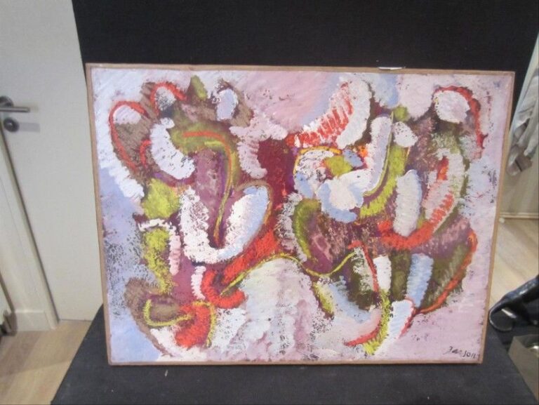 Composition Abstraite sur fond rose Huile sur toile Signée en bas à droite 25 x 33 cm