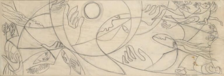 Composition au cheval et personnages Crayon sur papier, signé et cachet de l'atelier Survage en bas à droite À vue: 21 x 60 cm