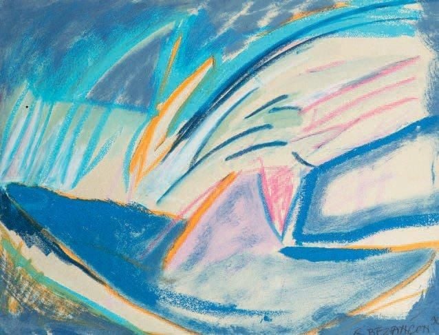Composition au jardin bleu Pastel sur papier marouflé sur toile Signé et daté 90 en bas à droite, contresigné, daté et titré au dos 38 x 46 cm