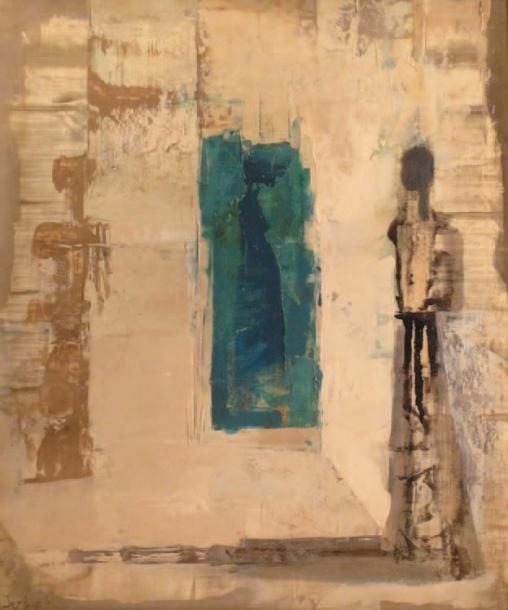 Composition au personnage Huile sur panneau, signée et datée 60 en bas à gauche 59 x 50,5 cm