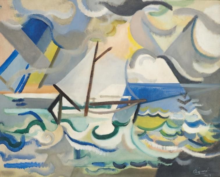 Composition au voilier cubisante, 1946 Huile sur toile, signée et datée en bas à droite 50 x 61 cm