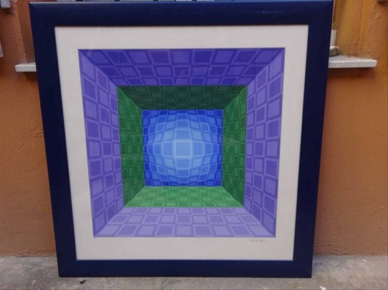 Composition cinétique en bleu vert et violet Sérigraphie