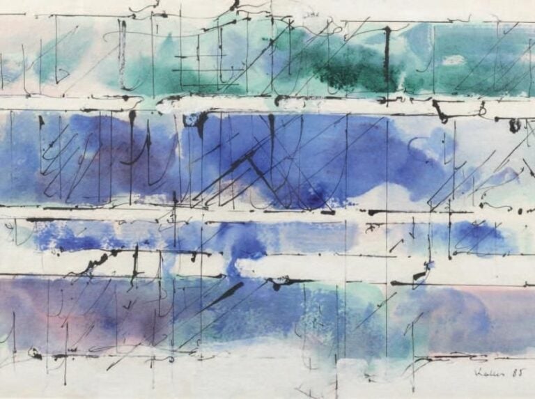 COMPOSITION Encre et aquarelle Signée en bas à droite et datée 85 29 x 40 cm