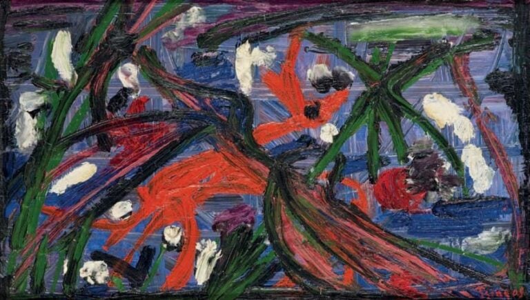 Composition florale Huile sur toile, signée en bas à droite 27 x 46 cm