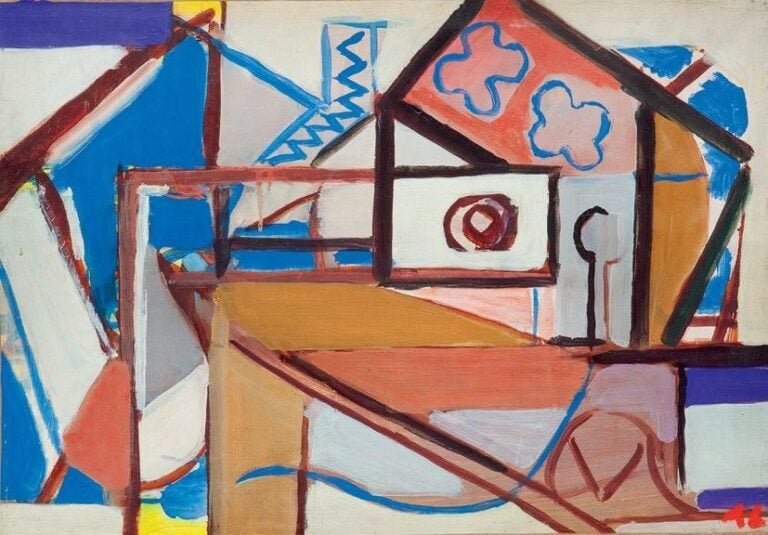 Composition Huile sur panneau marouflé, signée en bas à droite 33 x 55 cm
