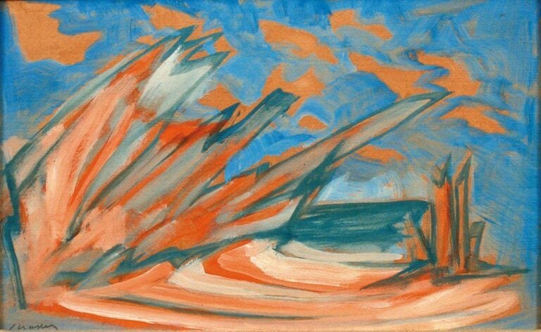 Composition Huile Sur Papier Marouflée, Signée En Bas A Gauche 23 X 36 Cm