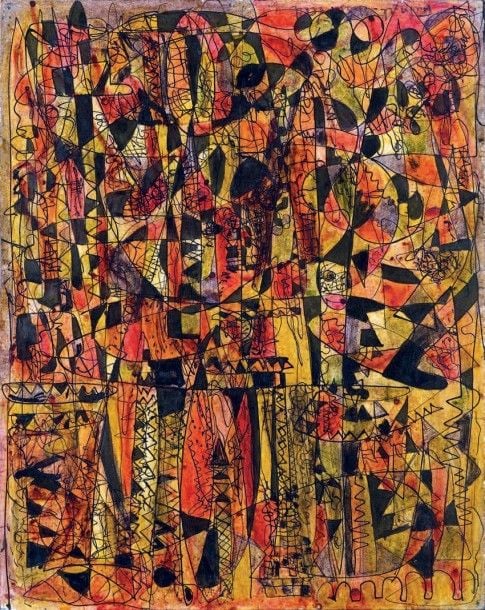 Composition n°28 Technique mixte sur carton mince, signée en bas à gauche Au dos annotation: exposition Galerie XVI à Zurich, avec numérotation 39,5 x 31,5 cm