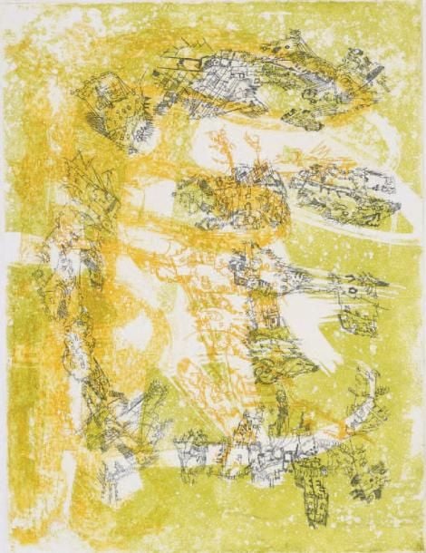 Composition sur fond jaune Gravure en couleurs, signée en bas à droite Numérotée 108/125 en bas à gauche 64 x 50 cm