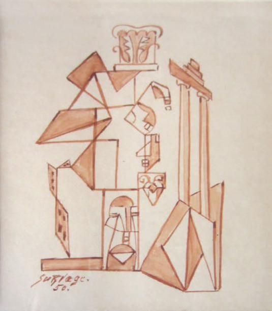 Composition surréaliste aux masques antiques Encre brune, signée en bas à gauche, datée 50 14 x 11 cm