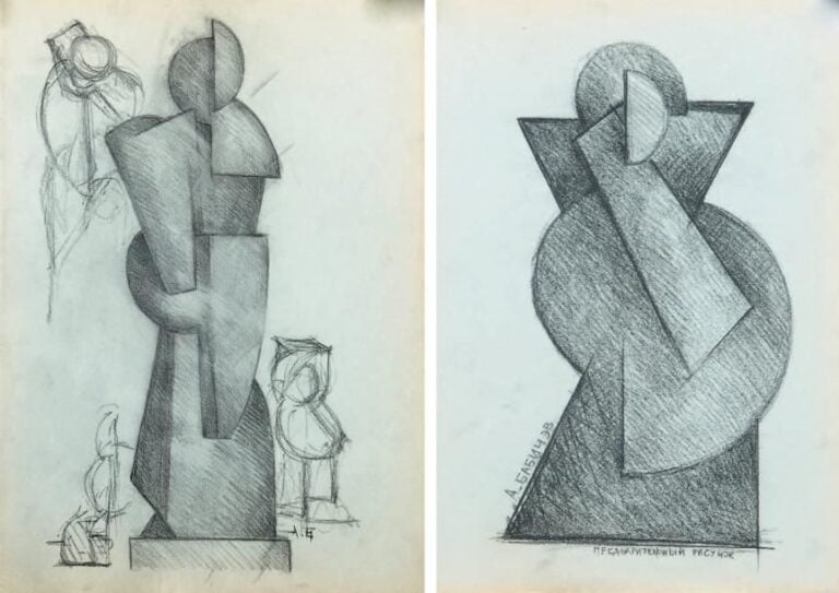 Compositions constructivistes, circa 1930 Ensemble de deux fusains préparatoires pour deux sculptures différentes, l'un monogrammé en bas à droite, le second signé en bas à gauche 48 x 34,5 cm Two charcoals, one monogrammed lower right and one signed lower left