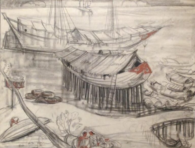 Conversation au chantier naval Pierre noire et sanguine, signée et datée 1955 en bas à gauche 65 x 50 cm
