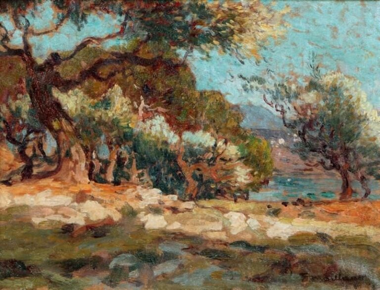 CÔTE FLEURIE Huile sur toile, signée en bas à droite 27 x 35 cm